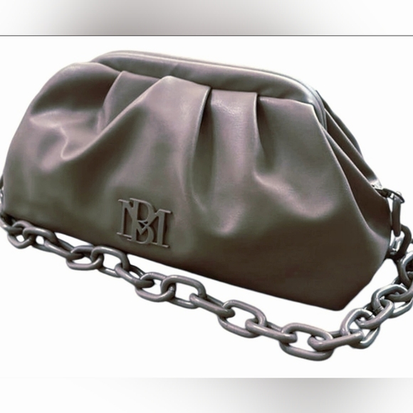 NWT Badgley Mischka Vegan Leather Frame Clutch Taupe BM Logo Convertible Strap - Picture 7 of 10